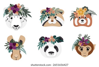 Six adorable animal faces adorned with colorful floral arrangements showcase a creative blend of wildlife and nature. Each character reflects a playful spirit and connection to the environment.