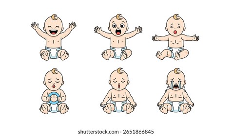 Seis bebês adoráveis expressando uma gama de emoções com expressões faciais deliciosas