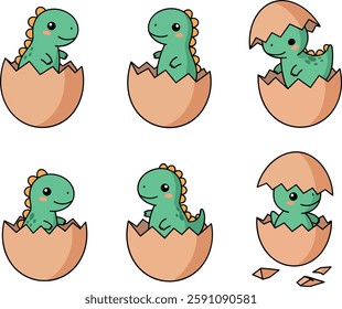 Six adorable baby dinosaurs breaking free from eggs, showcasing joy and curiosity in a playful, cheerful atmosphere.