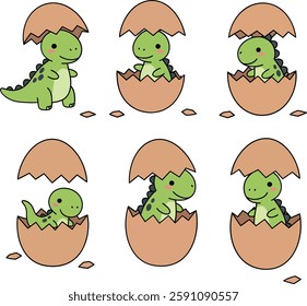 Six adorable baby dinosaurs emerging from cracked eggs, showcasing a cheerful and lively atmosphere filled with wonder.