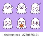 Six adorable cartoon ghosts display various emotions and actions, including happiness, fear, sleepiness, playfulness, holding a pumpkin, and sadness on a purple backdrop
