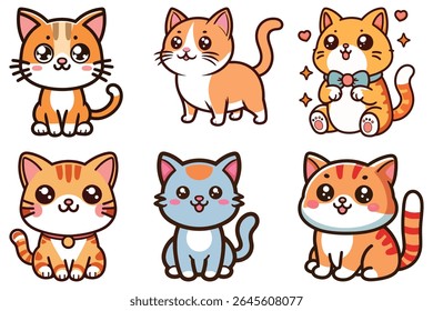 Six Adorable Cartoon Kittens in Various Poses