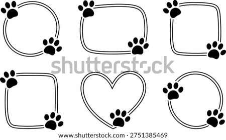 Six adorable outline frames with black paw prints: circles, rounded rectangles, and a heart shape, isolated on a white background.