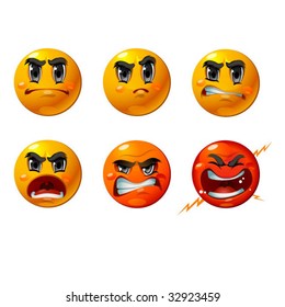 Six agressive smileys - vector set of unhappy and anger faces.