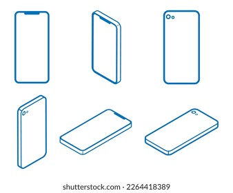 Six angles 3d cellphones set - Line art, blank screen