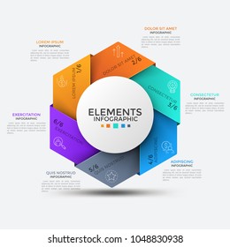 Six angles with thin line pictograms inside placed around round element in center. Concept of proportion visualization, 6 pieces of whole. Modern infographic design template. Vector illustration.