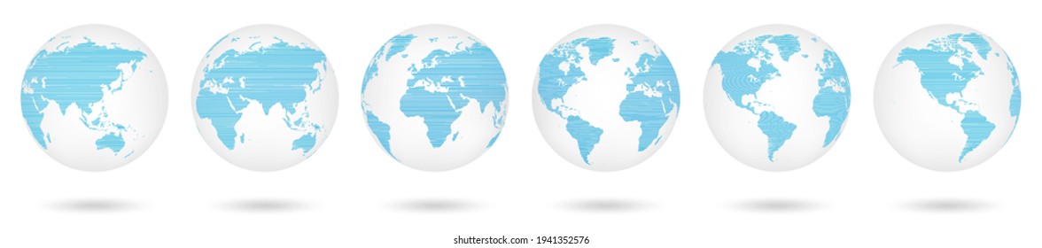 Six angles of view of planet earth. Futuristic concept - Continents and all land in the form of lines. 3d planet earth with transparent ball texture and shadow. Earth globe white collection. Vector 