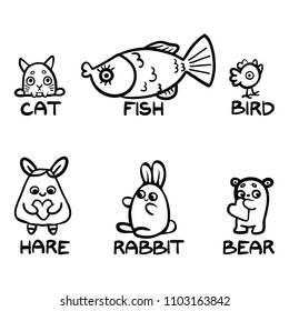 Six animals are painted in a children's style. Fish, poultry, cat, hare. Vector drawing. Animals with signatures. Names of animals. Coloring. Learning to read. Style of the cartoon. Black Stroke.