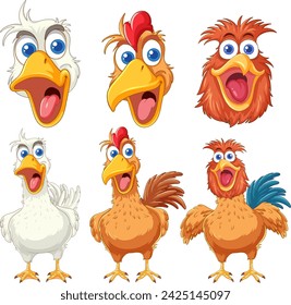 Six animated chickens showing various emotions.