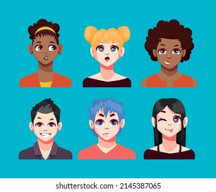 six anime style persons characters