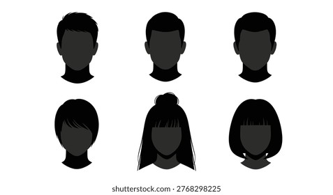 Six anonymous head silhouettes are displayed, depicting individuals with diverse hairstyles, representing people and identity.