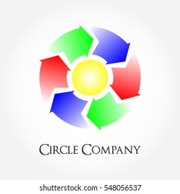 six arrows in gradient red blue green surrounding a yellow circle as a company logo vector