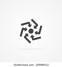 Six arrows pointing into dot in the center. Icon with shadow and isolated on white.