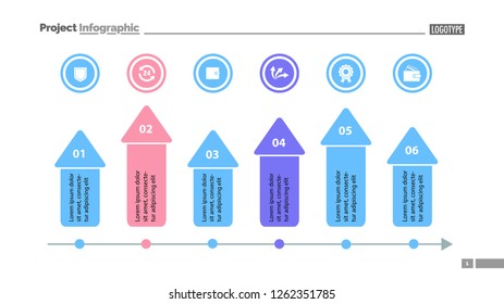Six arrows process chart slide template. Business data. Option, diagram, design. Creative concept for infographic, presentation. Can be used for topics like marketing, finance, teamwork.