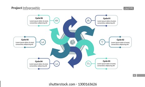 Six arrows process chart slide template. Business data. Option, diagram, design. Creative concept for infographic, presentation. Can be used for topics like management, strategy, training.