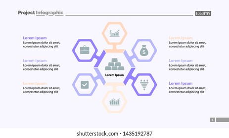 Six aspects of business slide template. Business data. Graph, chart, design. Creative concept for infographic, report. Can be used for topics like assets, market, finances