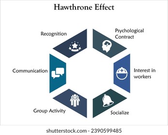 Six aspects of Hawthorne Effect - Psychological contract, Interest in workers, Socialize, Group Activity, Communication, Recognition. Infographic template with icons