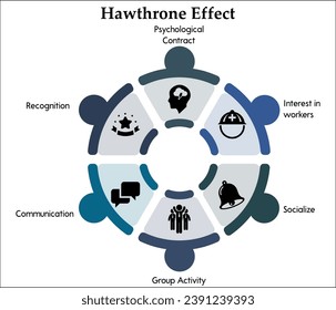 Six aspects of Hawthorne Effect - Psychological contract, Interest in workers, Socialize, Group Activity, Communication, Recognition. Infographic template with icons