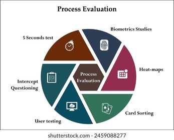 Six aspects of Process evaluation - Biometric studies, Heat maps, Card sorting, User testing, Intercept Questioning, 5 seconds test. Infographic template with icons
