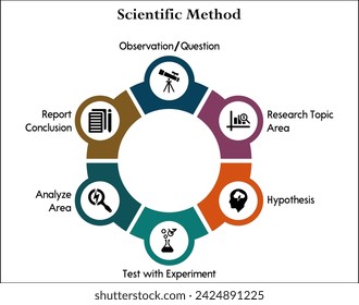 Six aspects of Scientific Method - Observation, Question, Research Topic Area, Hypothesis, Test with experiment, Analyze area, Report Conclusion. Infographic template with icons