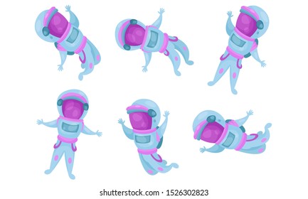 Six Astronauts Floating In Space Vector Illustrations Set