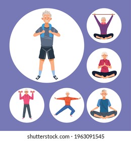 six athletic elder persons characters