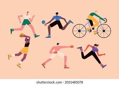 six athletic persons practicing sports
