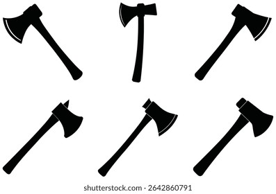Six axe silhouettes in various angles depicting classic carpenter and lumberjack tools ready for use