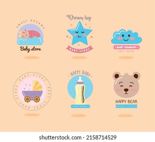 six baby shower set stickers