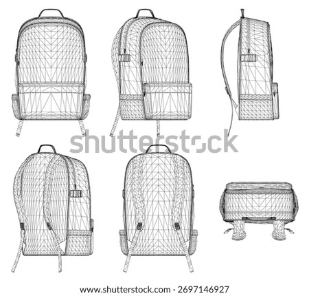 Six backpacks in a set feature unique designs, various shapes and sizes, and a mix of vibrant and muted colors. The wireframe style highlights modern details like straps, buckles, and multiple.