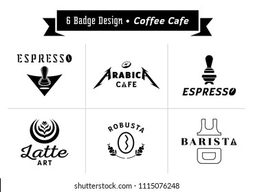 six badge design for coffee cafe vector illustration with arabica typography,espresso,coffee bean,barista,coffee fruits,latte art and coffee utensil