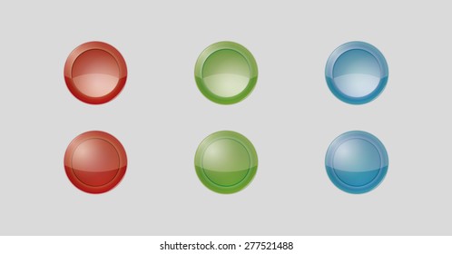 six badges with red, green and blue color, three of them are inactive and three are active, vector illustration