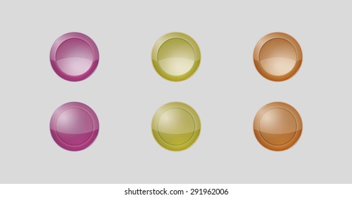six badges with violet, yellow and orange color, three of them are inactive and three are active, vector illustration