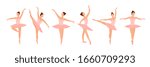 Six ballet dancers standing in a flat design pose on a white background. Vector illustration of ballerinas in special dance dresses. Clip-art for feeding posters of the ballet school, courses, shows