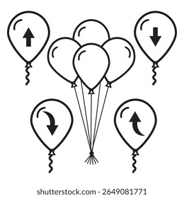 Six balloons display different arrow directions, surrounded by five other balloons with curly or straight strings, indicating movement or orientation.
