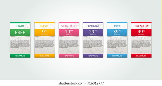 Six banners. Pricelist, hosting plans and web design boxes of banners. six banners for tariffs and price lists. Web elements. Plan the hosting. design for a web application.