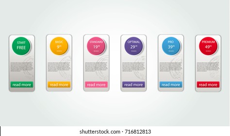 Six banners. Pricelist, hosting plans and web design boxes of banners. six banners for tariffs and price lists. Web elements. Plan the hosting. design for a web application.