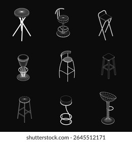 Banquetas de seis barras em um estilo de arte em linha, cada uma com designs e formas únicos, variando de detalhes simples a intrincados como redemoinhos e curvas. As fezes brancas contrastam fortemente com o preto.