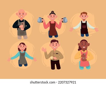 six baristas workers professionals characters