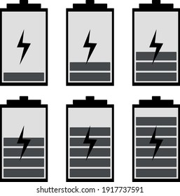 six batteries with different charge levels made in black and white