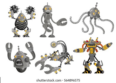 six battle robots spikeball pincers clamps tentacles scorpion saw and fireguard flamethrower drones