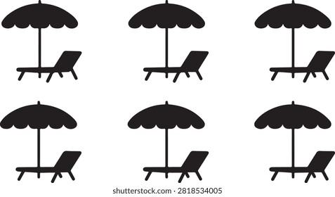 Six beach lounge chairs with umbrellas arranged in two rows of three