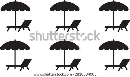 Six beach lounge chairs with umbrellas arranged in two rows of three