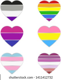 Six beautiful hearts in colors the lgbt  bisexual  transgender  lesbian  pansexual   asexual flags and silver stroke  vector