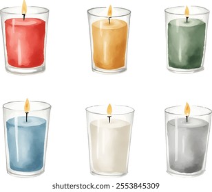 Six beautifully designed candles in glass holders are displayed in two rows. The vibrant colors, including red, green, and blue, create a festive atmosphere perfect for holiday celebrations.