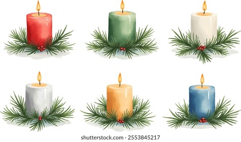 Six beautifully illustrated candles in varying colors are surrounded by evergreen foliage and berries. This watercolor art captures the essence of holiday joy and warmth during festive gatherings.