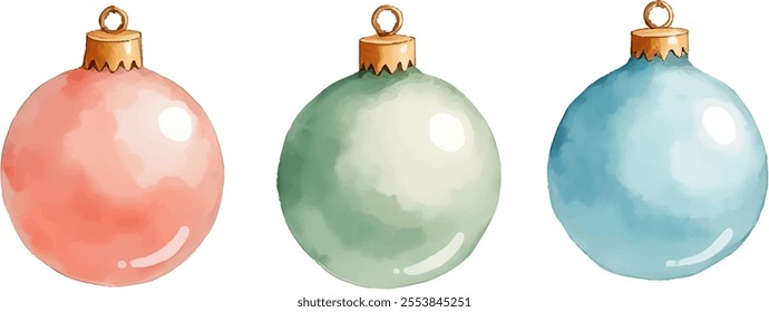 Six beautifully illustrated holiday ornaments are displayed in two rows, featuring soft colors and a whimsical Christmas banner. Perfect for seasonal decoration and festive themes.