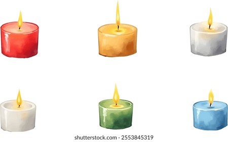Six beautifully painted candles in a watercolor style display vibrant colors, arranged in two rows. These candles, each lit, create a warm atmosphere suitable for holiday gatherings and celebrations.