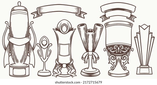 Sechs große handgezeichnete Medaillenzeichnung einzeln auf weißem Hintergrund. Doodle Medaille und Meister Trophäe Tasse handgezeichnet dekorative Elemente.
