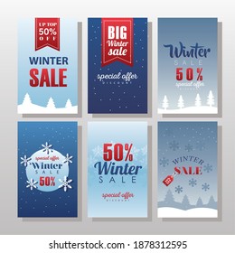 six big winter sale letterings with ribbons and snowflakes vector illustration design